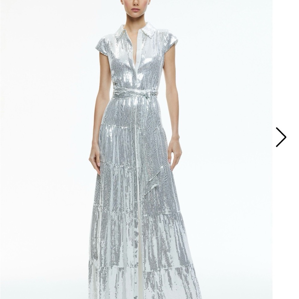 Alice + Olivia Silver Sequin Miranda Embellished Tiered Maxi Dress with Belt